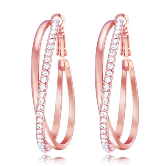NEW 14k Rose Gold Over Silver Diamond Hoop Earrings - Picture 1 of 1